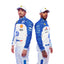 Front view of the 2025 Miami GP F1 racing costume worn by Charles Leclerc and Lewis Hamilton, showcasing vibrant turquoise and black accents, aerodynamic tailoring, and detailed sponsorship placement. speedxgear
