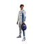 Side profile of Alex Albon in his 2025 Formula 1 racing suit, displaying the ergonomic fit and the interplay of white and blue fabrics, enhanced by subtle detailing along the side seams and sponsor branding.