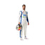 Front view of Daniel Ricciardo's 2024 Las Vegas GP F1 racing suit in white with blue accents, showcasing a modern design with sponsor logos.