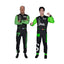 Front view of Zhou Guanyu's And Valtteri Bottas 2024 Kick Sauber F1 racing suit in black with neon green sleeves and accents, showcasing a modern design.