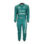 Lance Stroll’s 2023 Miami GP F1 racing suit, featuring a sleek design with a blend of dark green and subtle yellow accents. The suit is adorned with sponsor logos across the chest and shoulders, signifying high performance and innovation.