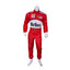 Front view of Michael Schumacher’s 2000 F1 race suit, featuring Ferrari red with white accents and sponsor logos that define his first world championship with the team.