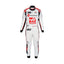 Kevin Magnussen 2023 F1 racing suit, front view showing sleek black, white, and red design with breathable fabric and modern fit.