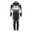 Front view of Sergio Perez 2017 F1 racing suit in black and pink, featuring full zipper and detailed sponsor embroidery