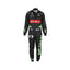 Valtteri Bottas' 2023 Belgian Grand Prix F1 racing suit front view featuring a black base with red and neon green accents on the shoulders and sides, complemented by sponsor logos, showcasing a sleek and modern design.