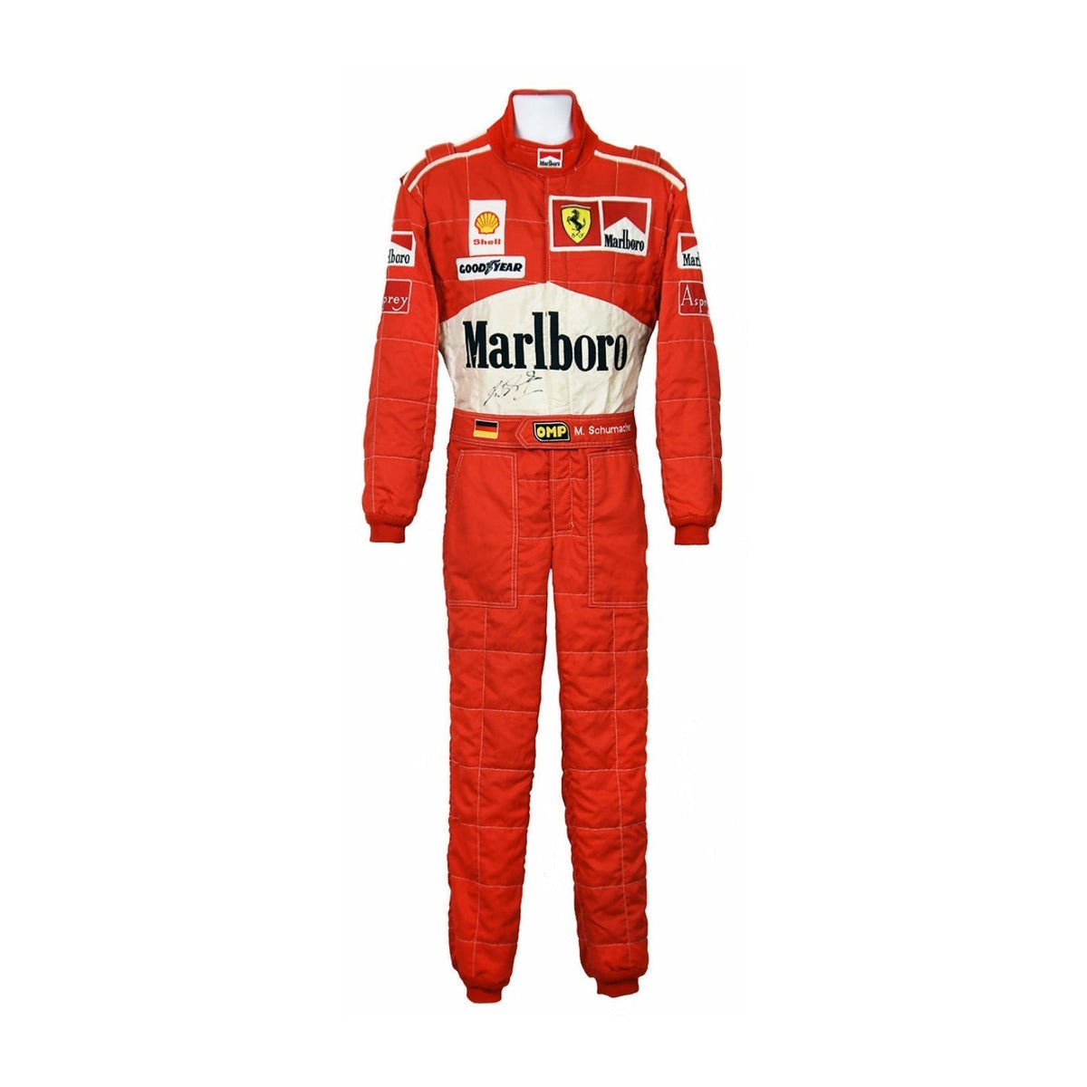 Front view of Michael Schumacher’s 1997 F1 race suit, featuring a bold design with striking red and white details, symbolizing his fierce 1997 championship run. Main image