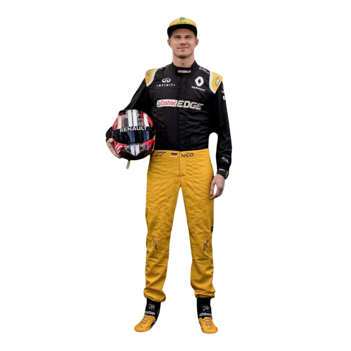 Full-body view of Nico Hulkenberg’s 2017 F1 racing suit, highlighting embroidered sponsor logos, sleek aerodynamic design, and performance features.