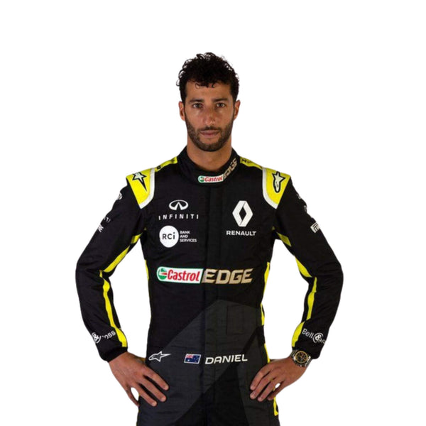 Front close up view of Daniel Ricciardo 2020 F1 racing suit – vibrant and energetic design with race-specific details