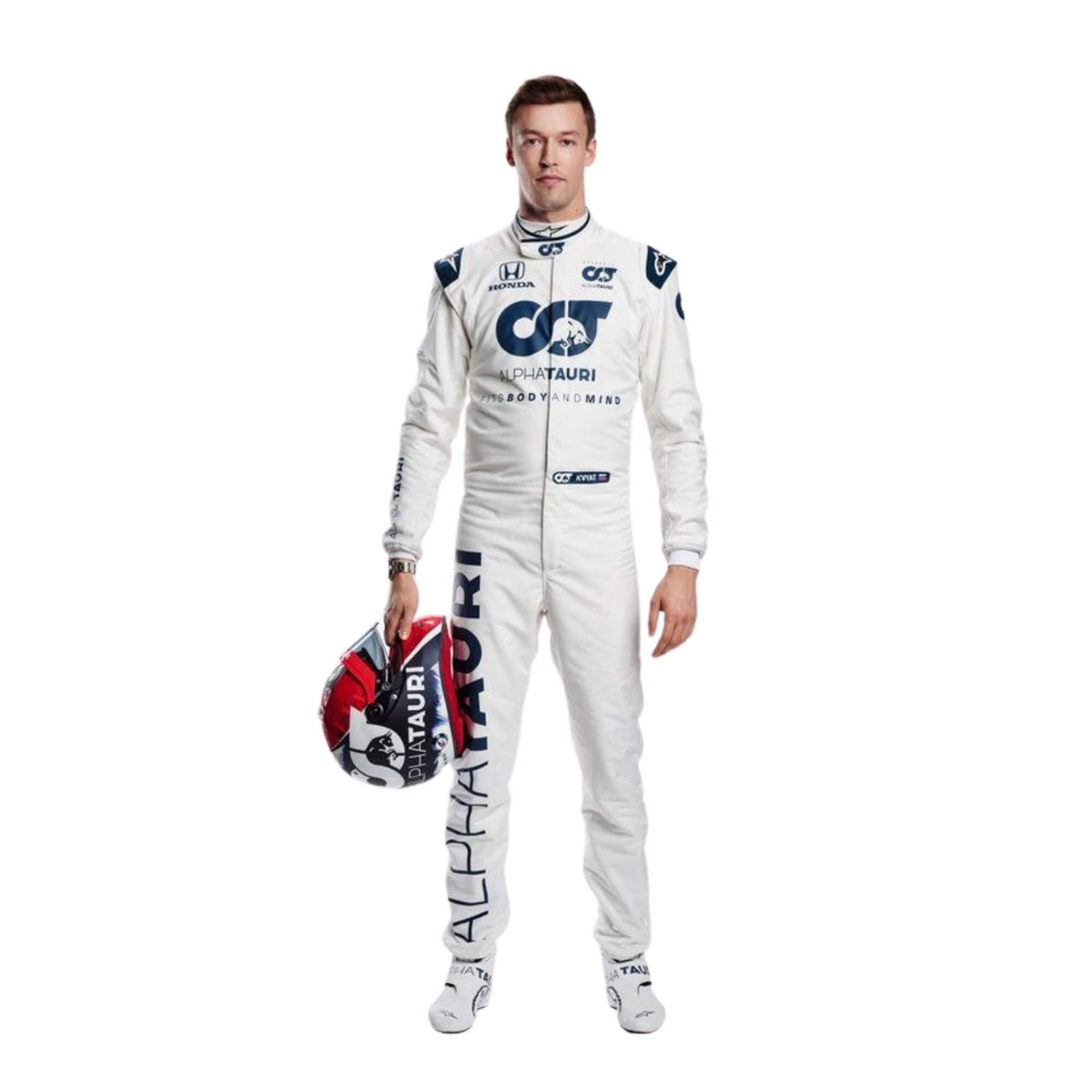 2020 Daniil Kvyat F1 suit front view, white and navy color scheme with zip-up front and detailed graphics. Main image