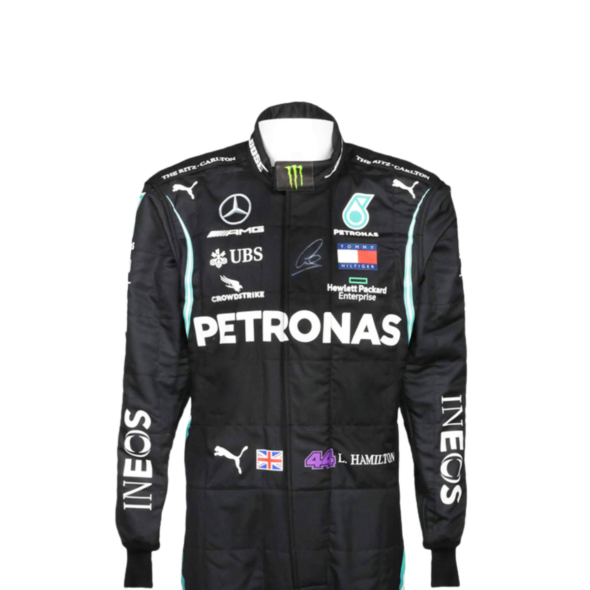 close up front view of Lewis Hamilton 2020 F1 racing suit – sleek black design with silver detailing,