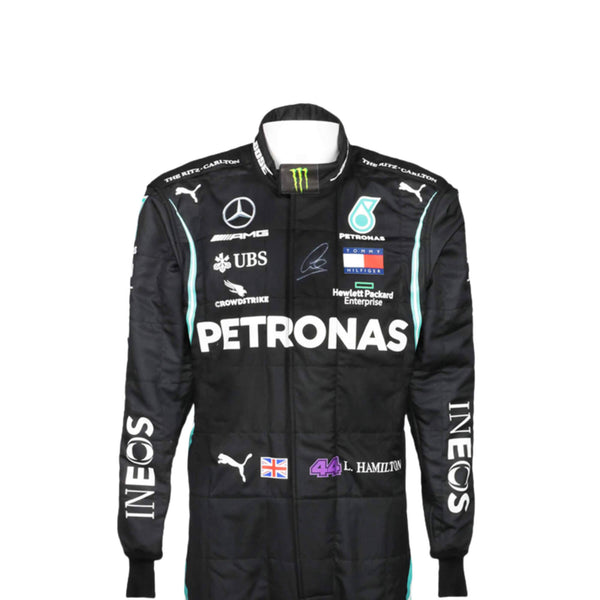 close up front view of Lewis Hamilton 2020 F1 racing suit – sleek black design with silver detailing,