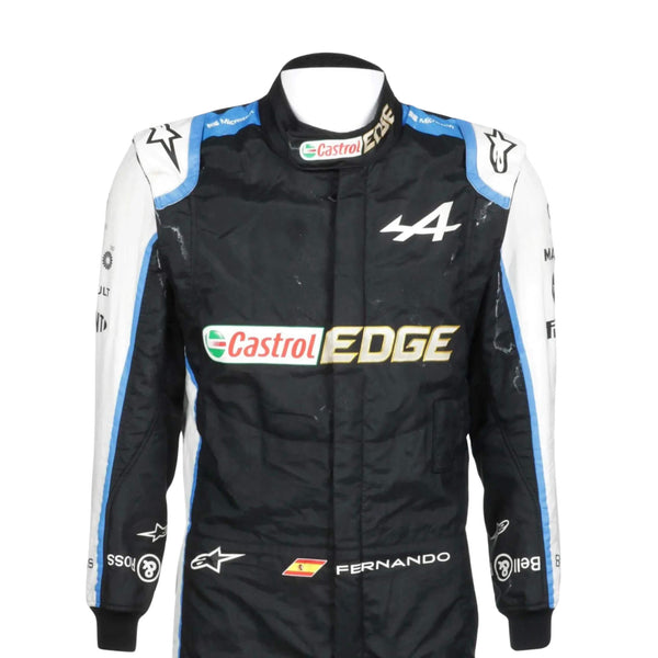 Close up front view of Fernando Alonso 2021 F1 racing suit – vibrant blue design 