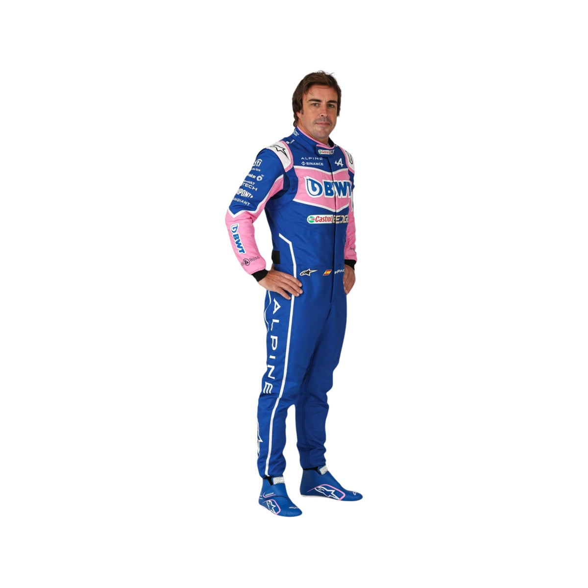Front view of Fernando Alonso's 2022 F1 racing suit, highlighting its sleek design, bold sponsor logos, and vibrant colors, representing his performance on the track. Main image