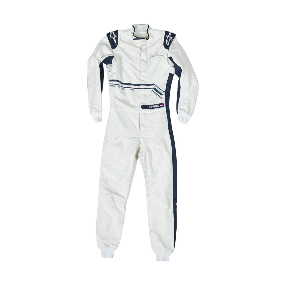 Nyck de Vries 2022 F1 racing suit front view in AlphaTauri design featuring sharp navy and white styling Main image