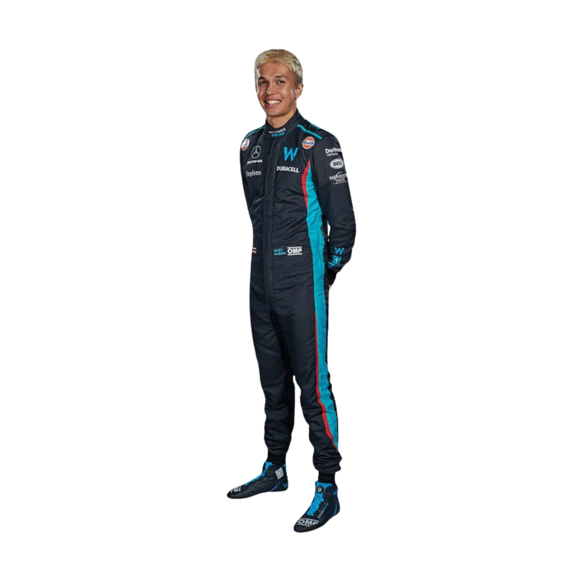 Front view of Alex Albon's 2023 F1 racing suit in dark blue with red and light blue accents, showcasing Williams Racing's dynamic design. Main image