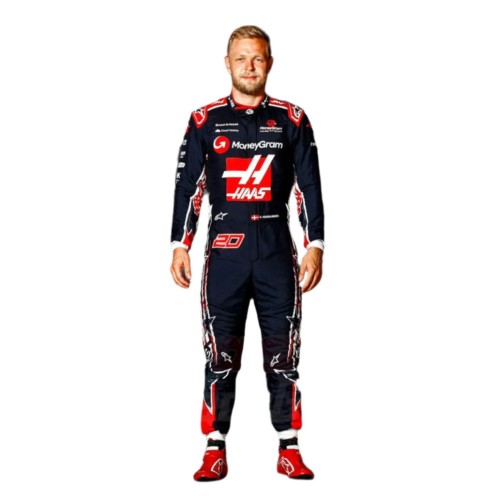 Front view of Kevin Magnussen's 2023 special edition F1 racing suit for the Austin Grand Prix, featuring a navy blue base with bold red and white accents inspired by the American flag. The suit showcases a prominent star design on the leg and subtle stripes in the background, crafted from high-performance, fire-resistant Nomex fabric for safety and comfort. Main image