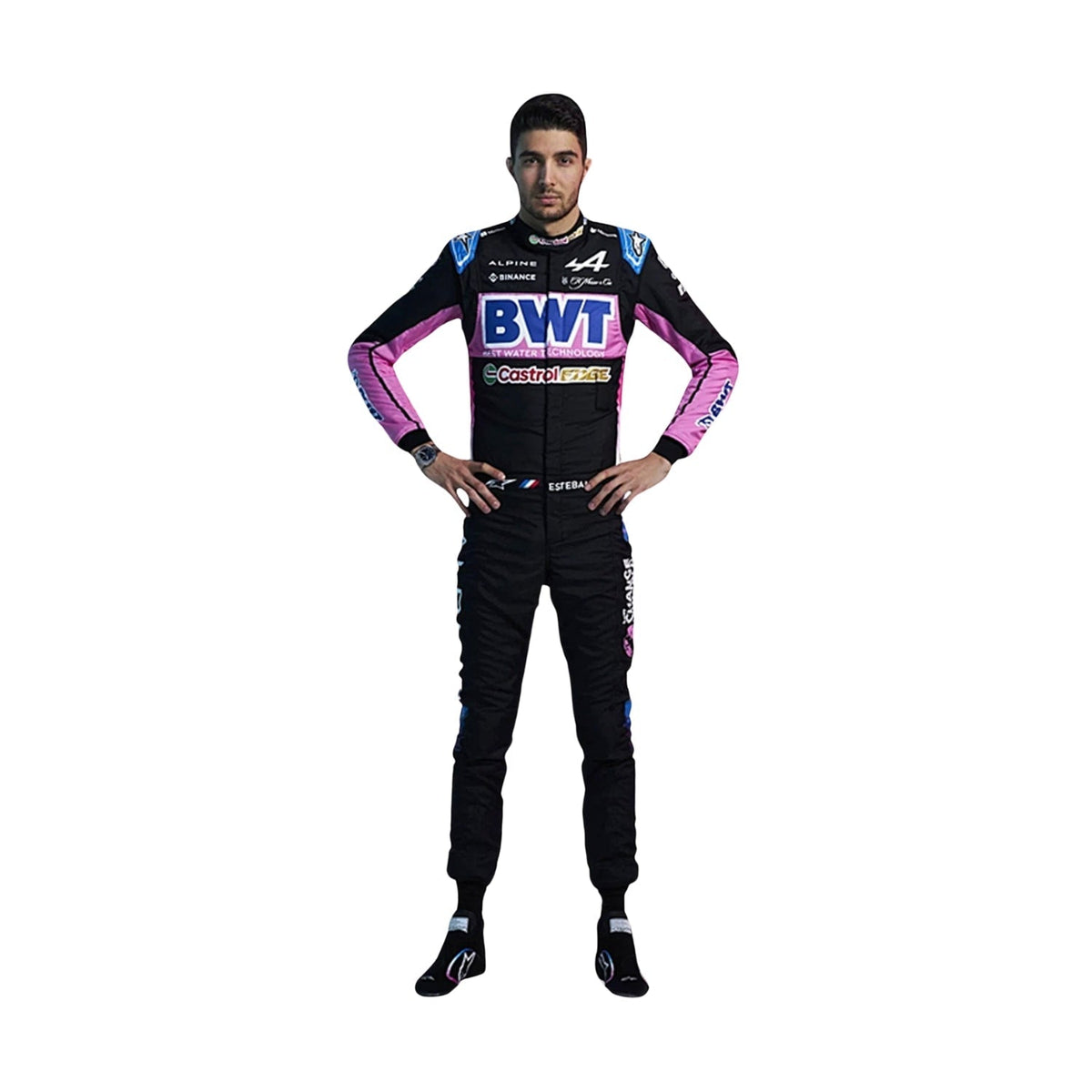 Front view of Esteban Ocon's 2024 F1 racing suit in black with pink and blue accents, showcasing a modern design with sponsor logos. Main image