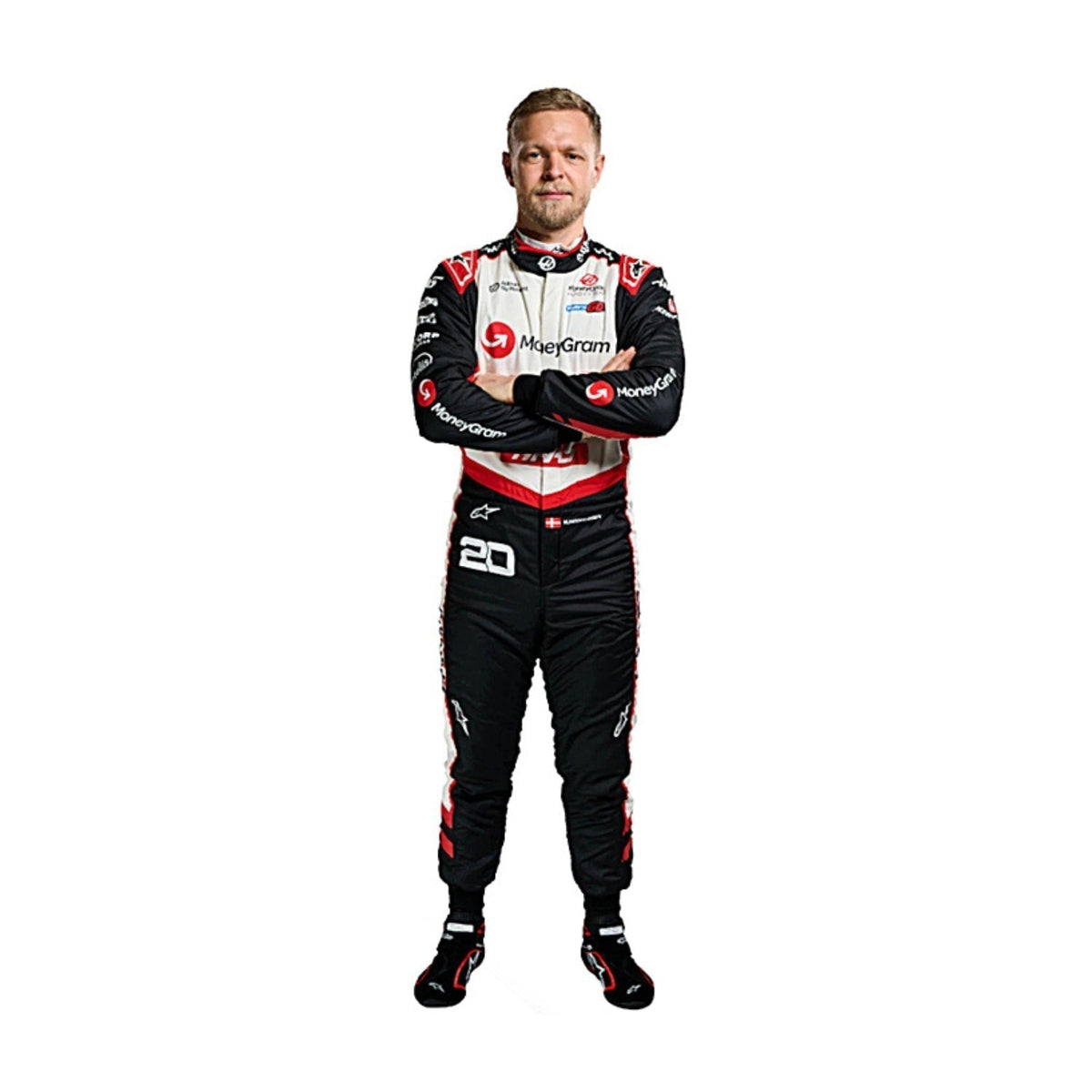 Front view of Kevin Magnussen's 2024 F1 racing suit in red, white, and black, showcasing a modern design with sponsor logos. Main image