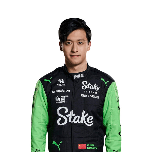 Close-up of the 2024 F1 race suit inspired by Zhou Guanyu, displaying the intricate black material with neon green stitching.