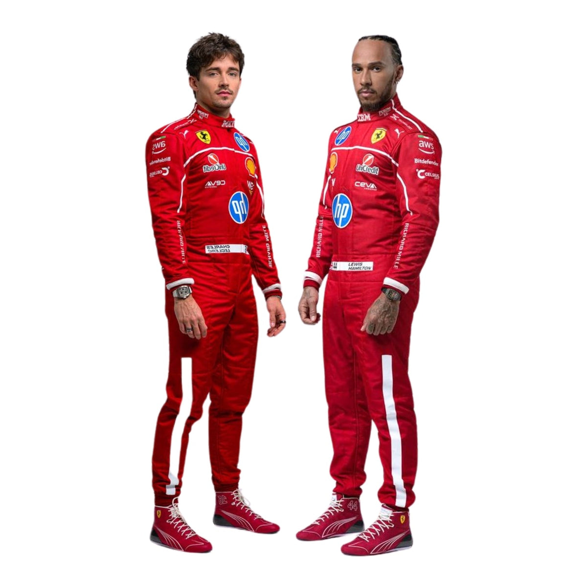 2025 F1 racing costume front view worn by Charles Leclerc and Lewis Hamilton featuring aerodynamic design, sponsor patches, and sharp contrast panels in red, black, and silver. Main image