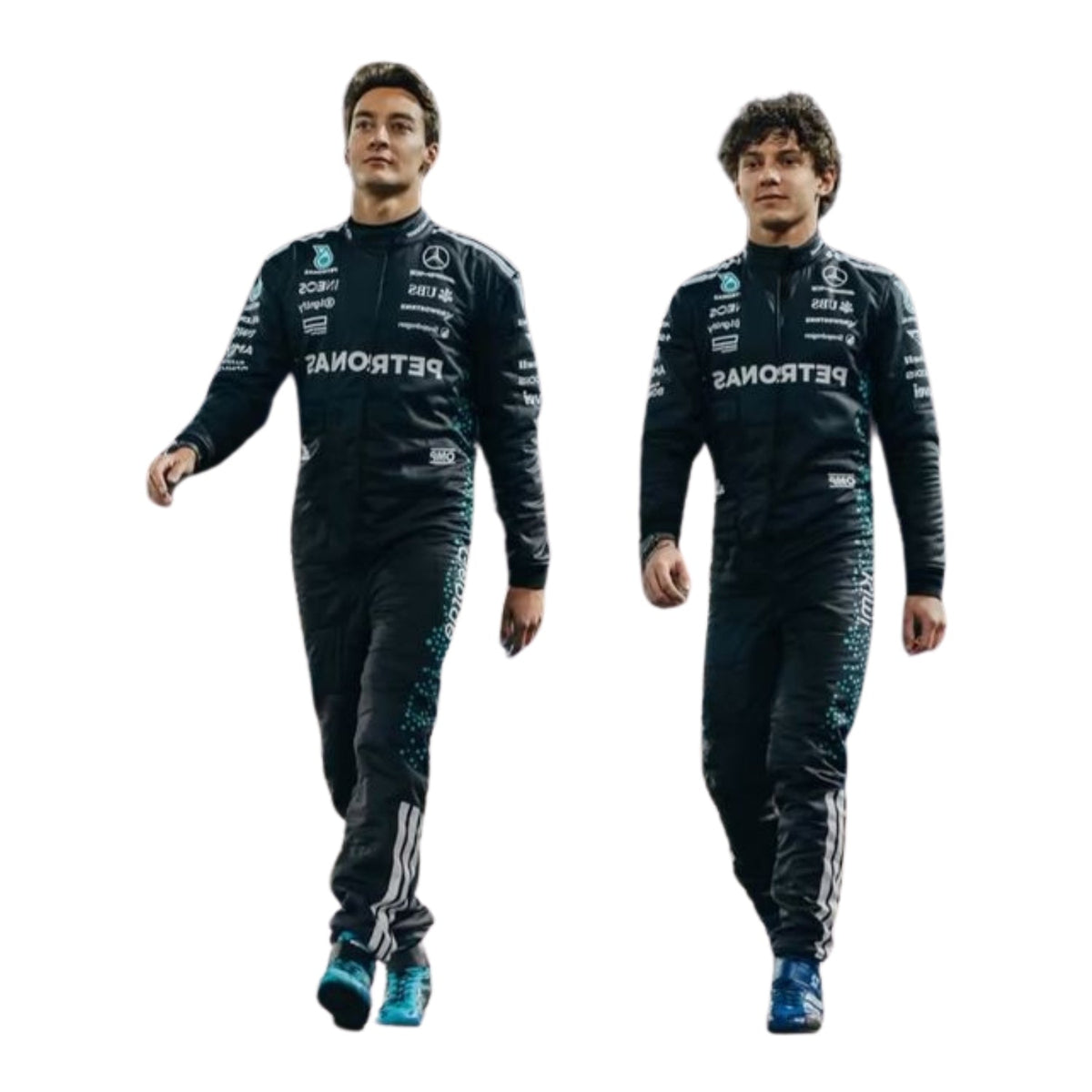 Front view of 2025 F1 racing costume worn by George Russell and Andrea Kimi Antonelli, showcasing modern panel cuts, sleek airflow contours, and sponsor branding with black and silver tones. Main image