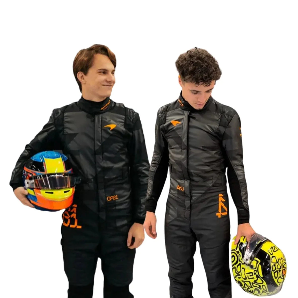 Front view of the 2025 McLaren F1 livery reveal racing costume worn by Lando Norris and Oscar Piastri, featuring a sleek matte black base with bold orange logos and driver initials (LN4 & OP81) in neon orange. Main image
