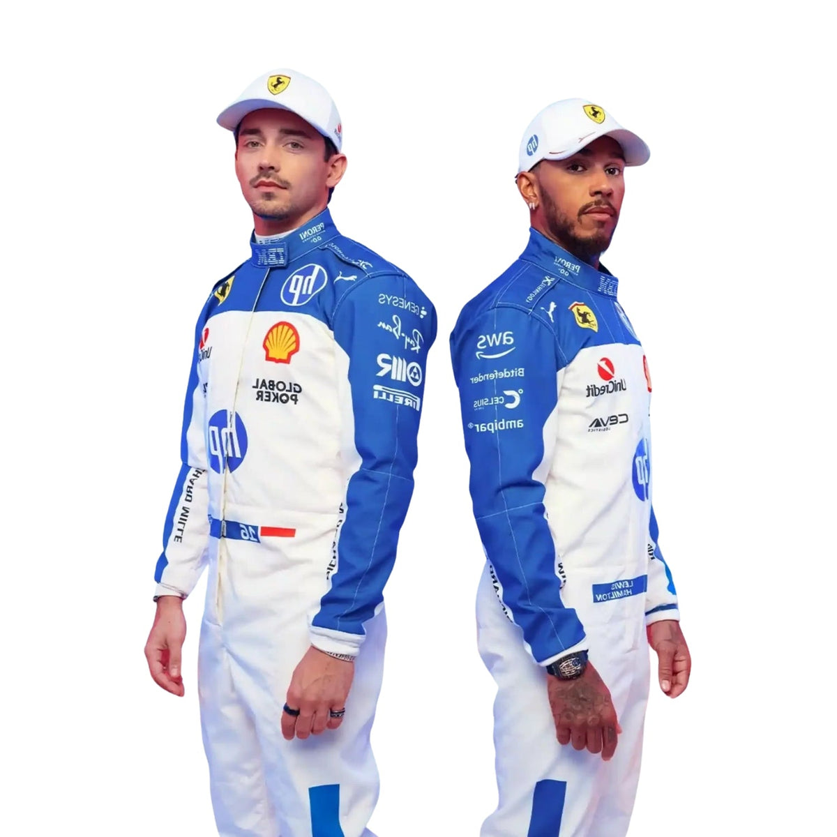 Front view of the 2025 Miami GP F1 racing costume worn by Charles Leclerc and Lewis Hamilton, showcasing vibrant turquoise and black accents, aerodynamic tailoring, and detailed sponsorship placement. speedxgear