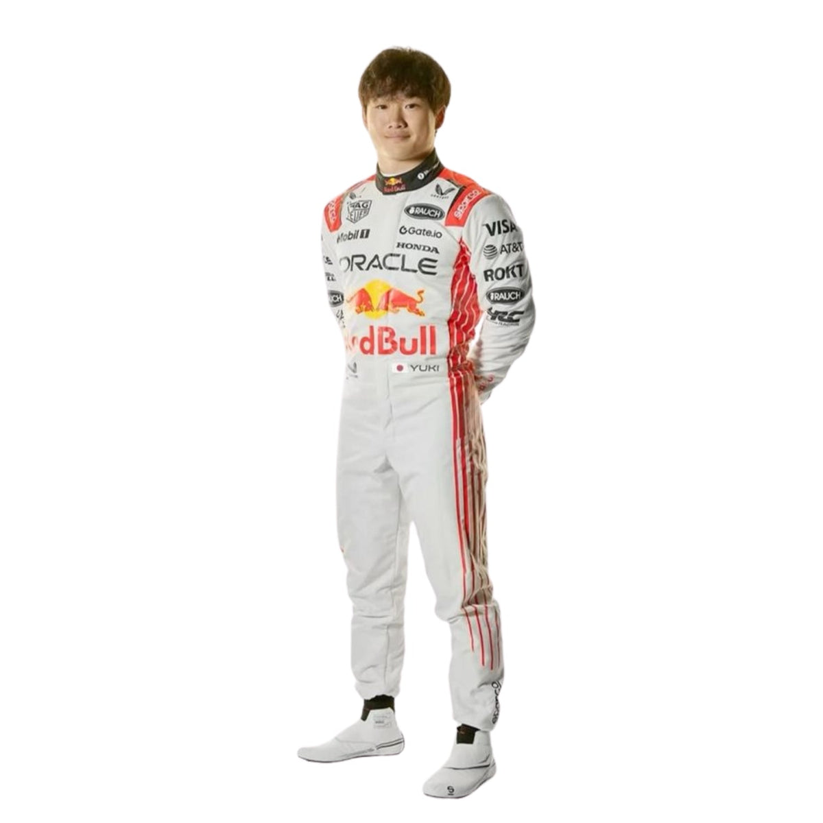 Yuki Tsunoda's 2025 Japanese Grand Prix race suit front view, showcasing a predominantly white design with blue side panels and green accents around the shoulders. Main image