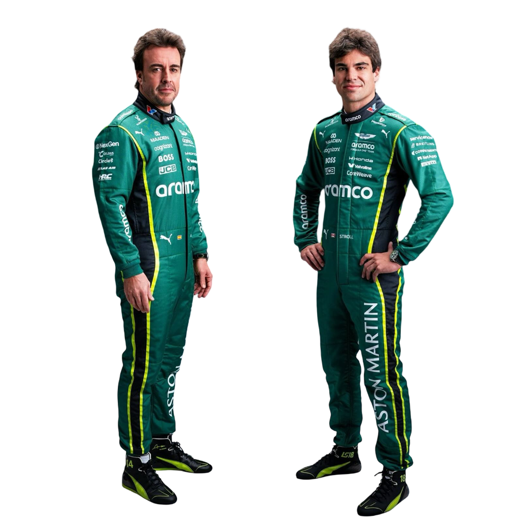 Front view of the 2026 Fernando Alonso & Lance Stroll F1 Racing Suit from speedxgear showcasing British racing green with neon lime accents, breathable paneling, and detailed sponsor placements Main image