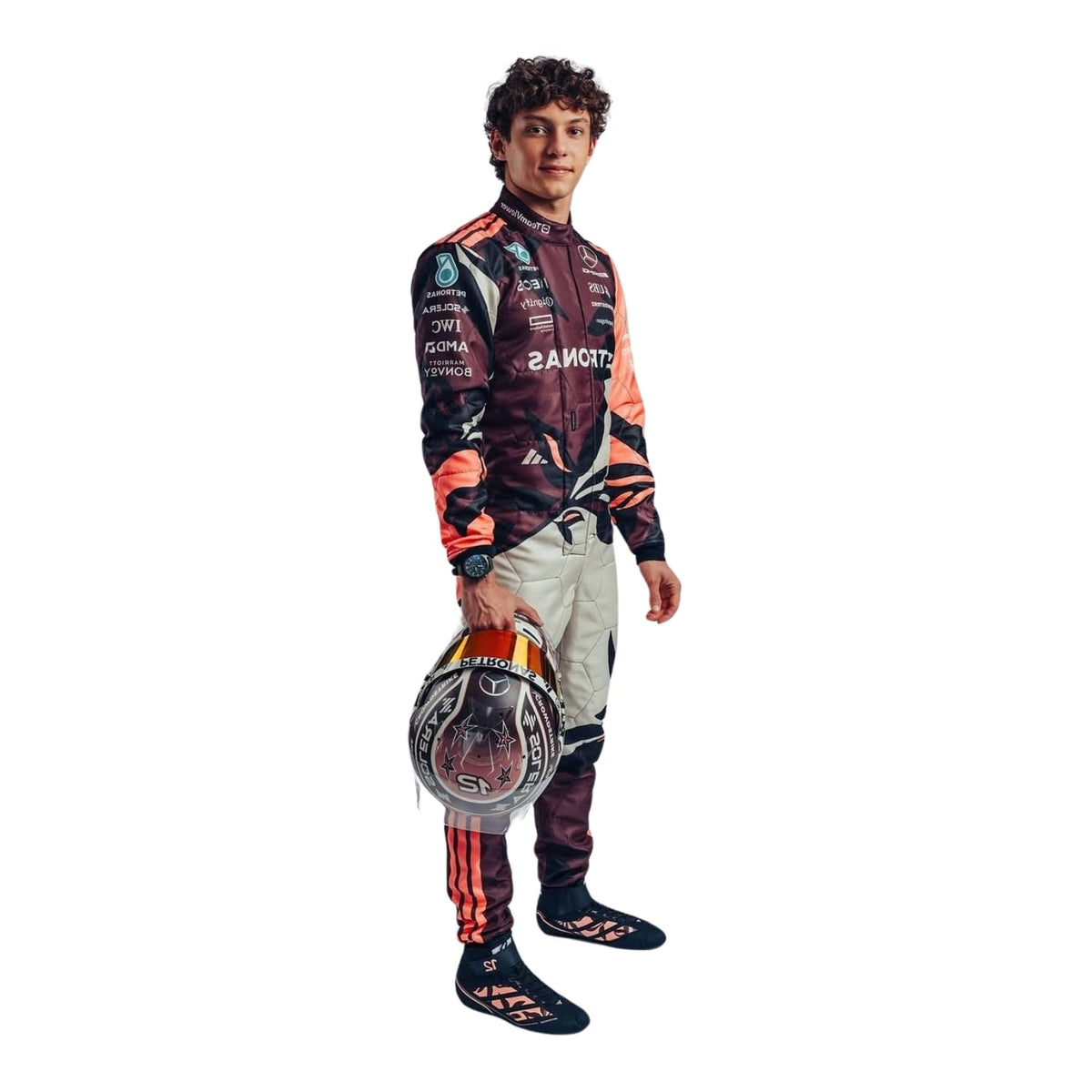 Side profile of Andrea Kimi Antonelli the 2025 Miami GP suits highlighting driver-specific accents, dynamic side striping, and sleek ergonomic shaping for high-speed performance. Main image