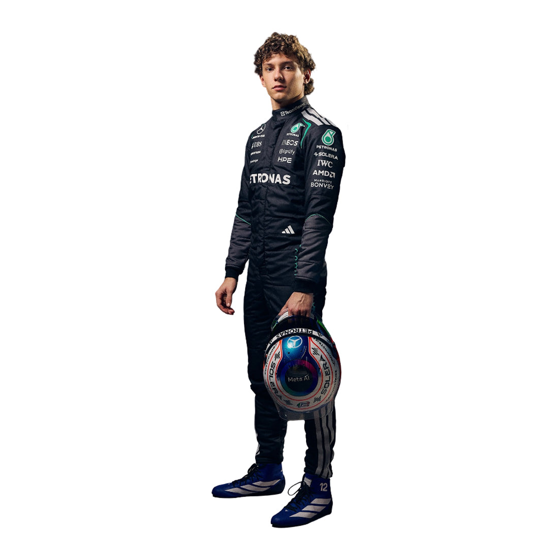 side view of andrea kimi antonelli 2026 mercedes f1 racing suit with Petronas branding. Main image