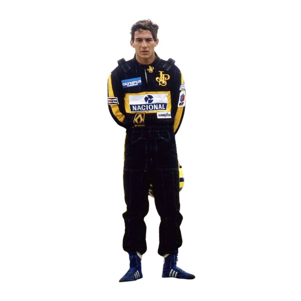 Front view of Ayrton Senna's 1985 F1 racing suit in bright red with white sponsor patches, capturing his iconic style and fearless attitude on the track. Main image
