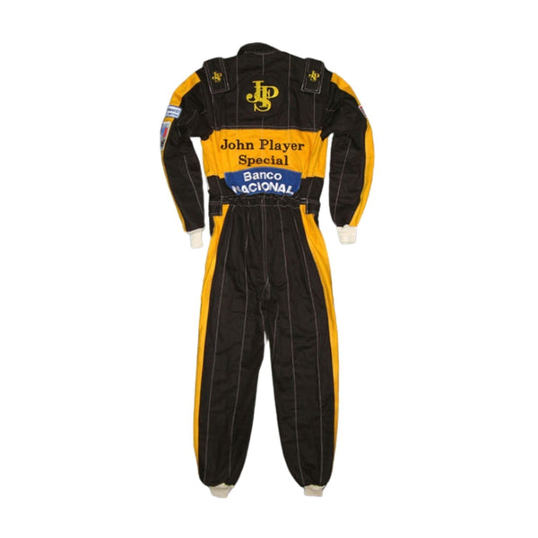Back of the 1985 F1 racing suit worn by Ayrton Senna, featuring vintage design elements, classic sponsor logos, and the bold red and white color combination.