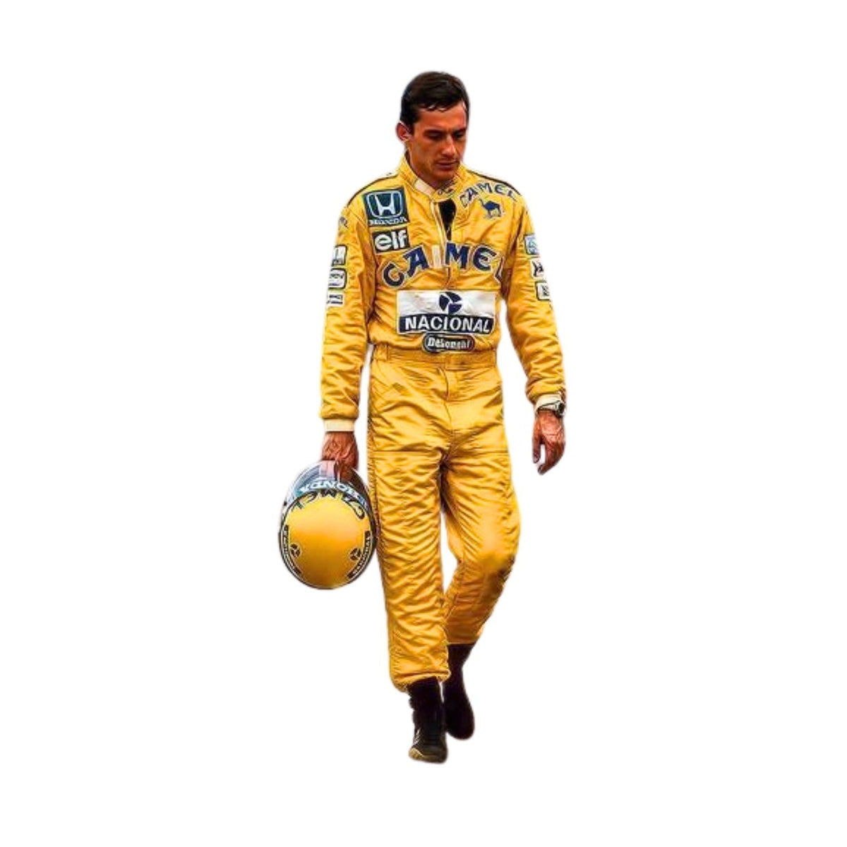 Front view of Ayrton Senna's 1987 F1 racing suit in bold yellow with green and blue accents, reflecting his Brazilian pride and dynamic racing style. Main image