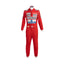 Front view of Ayrton Senna’s 1988 Stand21 F1 racing suit in bright red with white panels and detailed sponsor patches, worn during his championship-winning season.