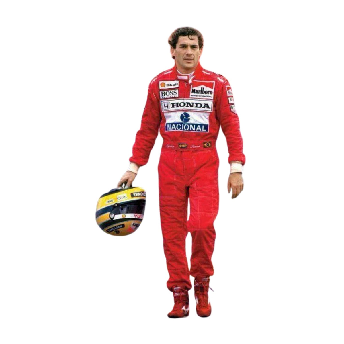 Front view of Ayrton Senna’s 1991 F1 racing suit worn at the United States GP, with iconic red and white design, featuring sponsor logos and race details. Main image