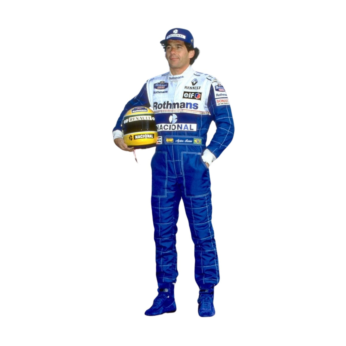 Front view of Ayrton Senna’s 1994 F1 racing suit, featuring his iconic yellow and blue design, reflecting his final season in Formula 1 before his tragic passing. speedxgear Main image