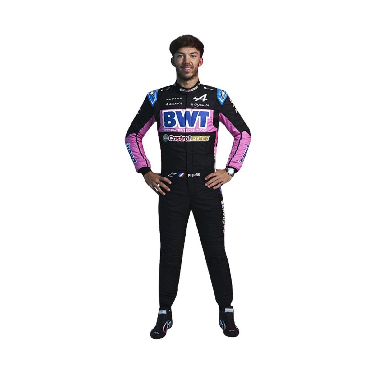 Full-body image of Pierre Gasly's 2024 F1 racing suit, designed in black with pink and blue accents for a high-performance look. Main image