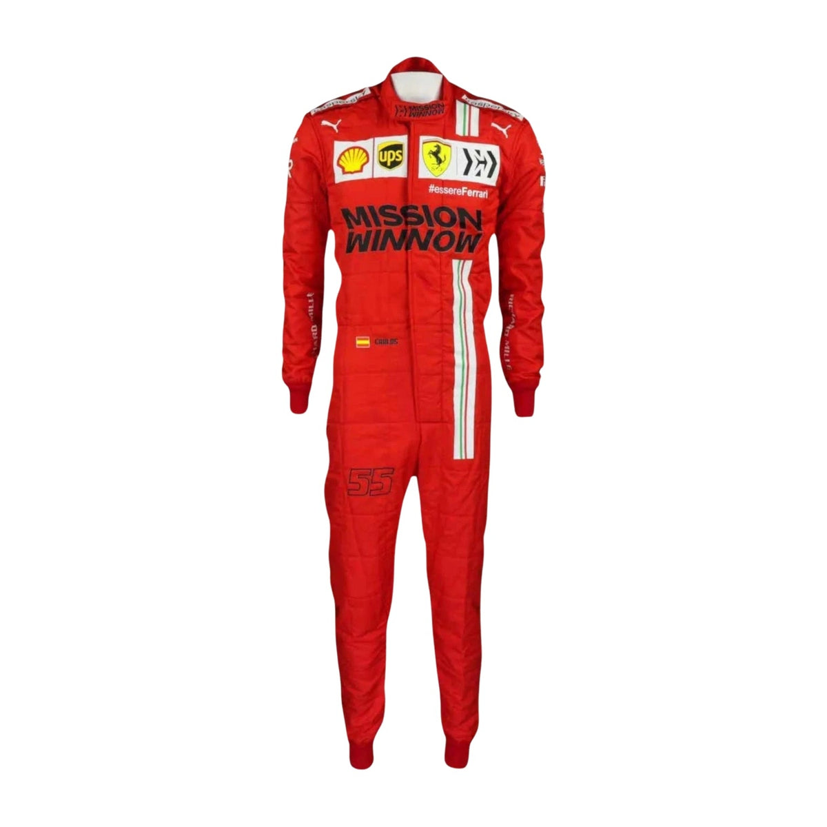 Front view of Carlos Sainz's 2021 F1 racing suit, featuring sleek design, vibrant sponsor logos, and a performance-focused fit.