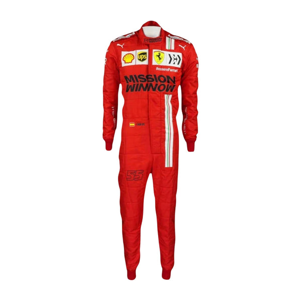 Front view of Carlos Sainz's 2021 F1 racing suit, featuring sleek design, vibrant sponsor logos, and a performance-focused fit.