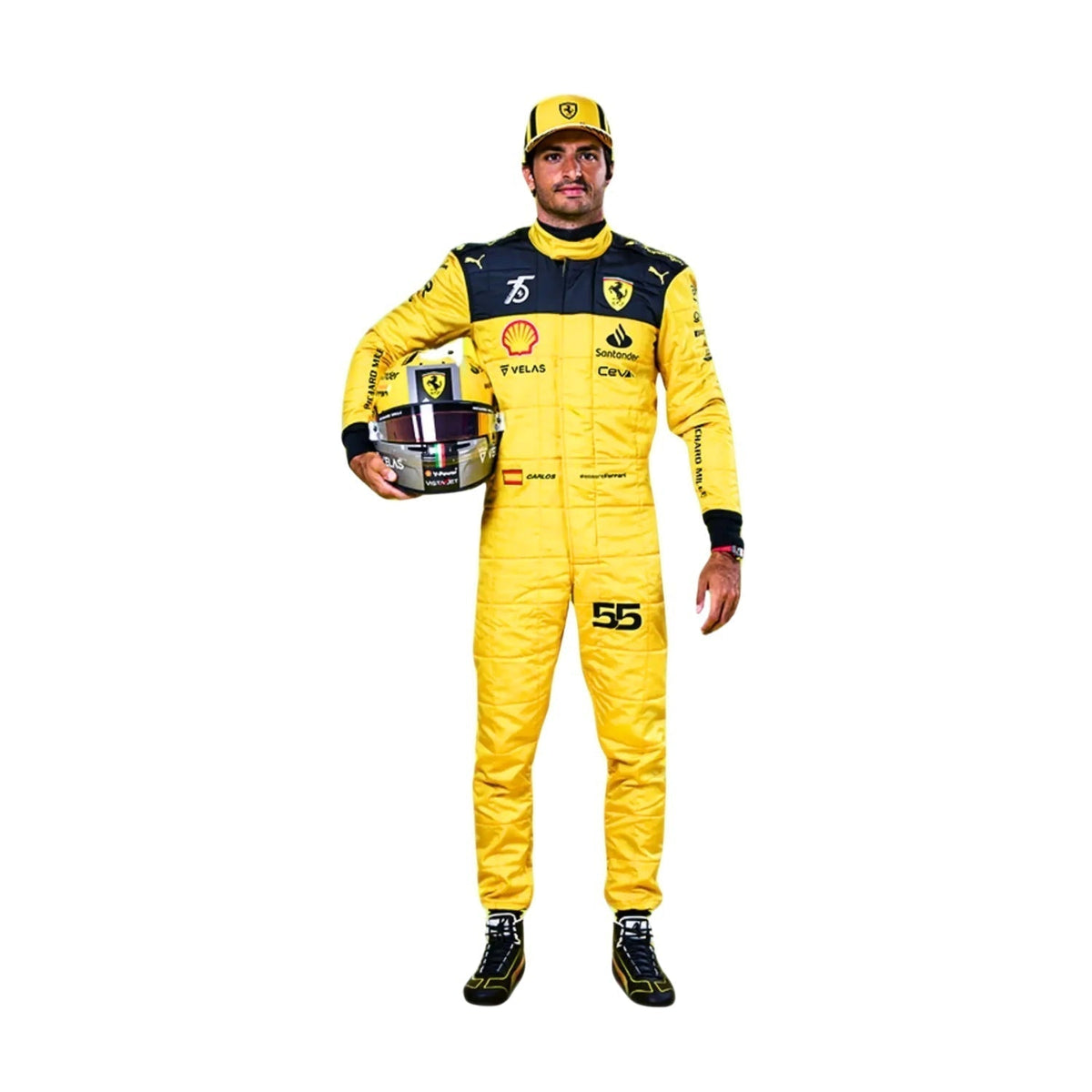 Carlos Sainz 2022 75th Anniversary F1 racing suit – front view showcasing unique celebratory design. Main image