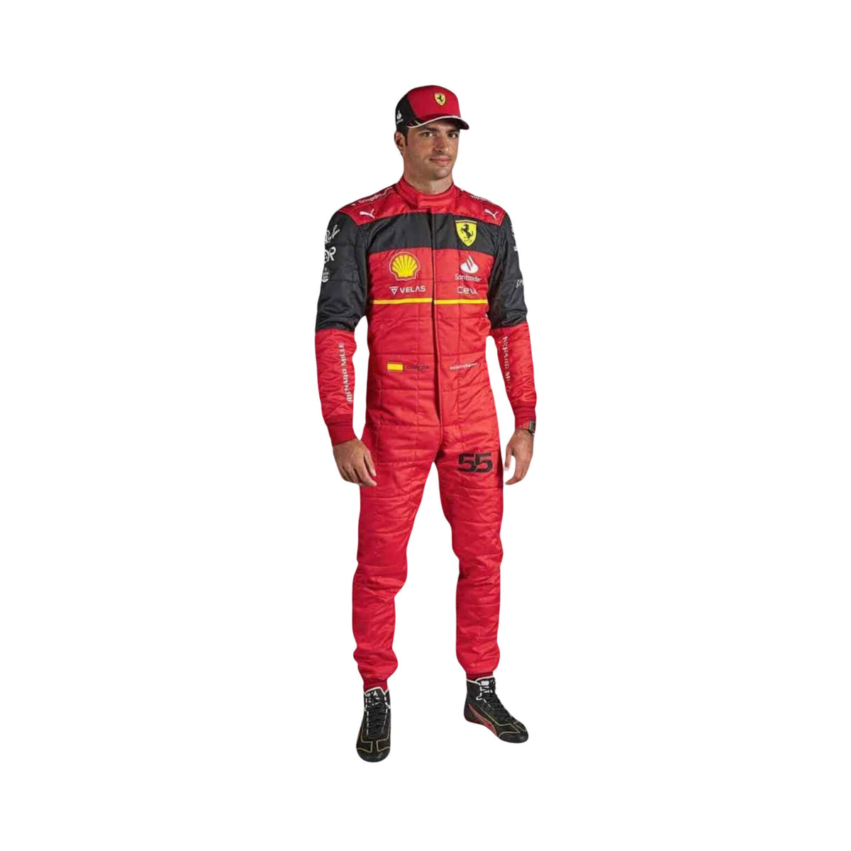 Carlos Sainz’s 2022 F1 racing suit front view, showcasing the dynamic red design with sponsor logos, and detailed racing patches, reflecting his time. Main image
