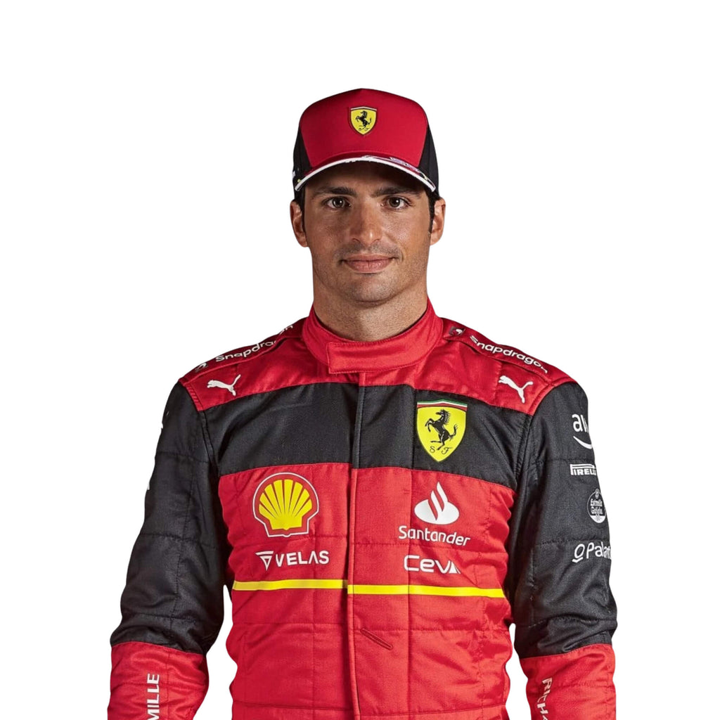 Close-up of Carlos Sainz 2022 racing suit – detailed stitching, vibrant colors, and tailored fit.