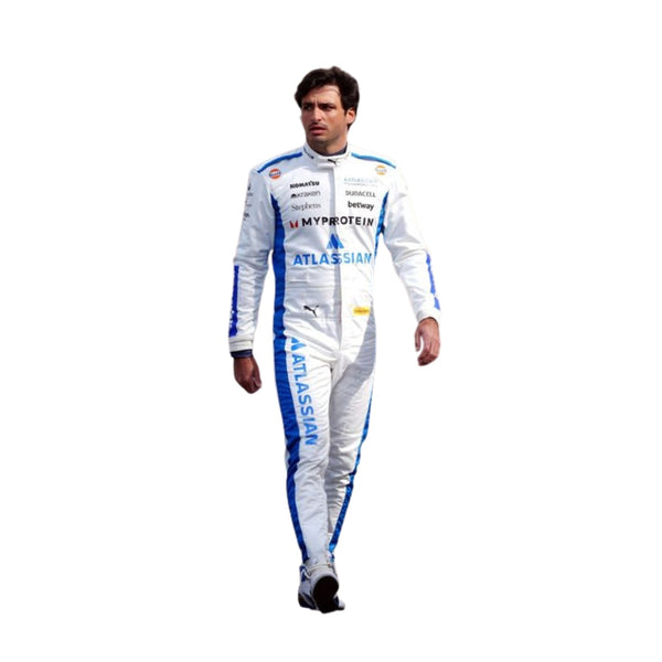 Front view of Carlos Sainz's 2025 F1 racing suit in white with blue side panels, featuring sponsor logos and a sleek design. Speedxgear
