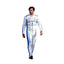 Front view of Carlos Sainz's 2025 F1 racing suit in white with blue side panels, featuring sponsor logos and a sleek design. Speedxgear