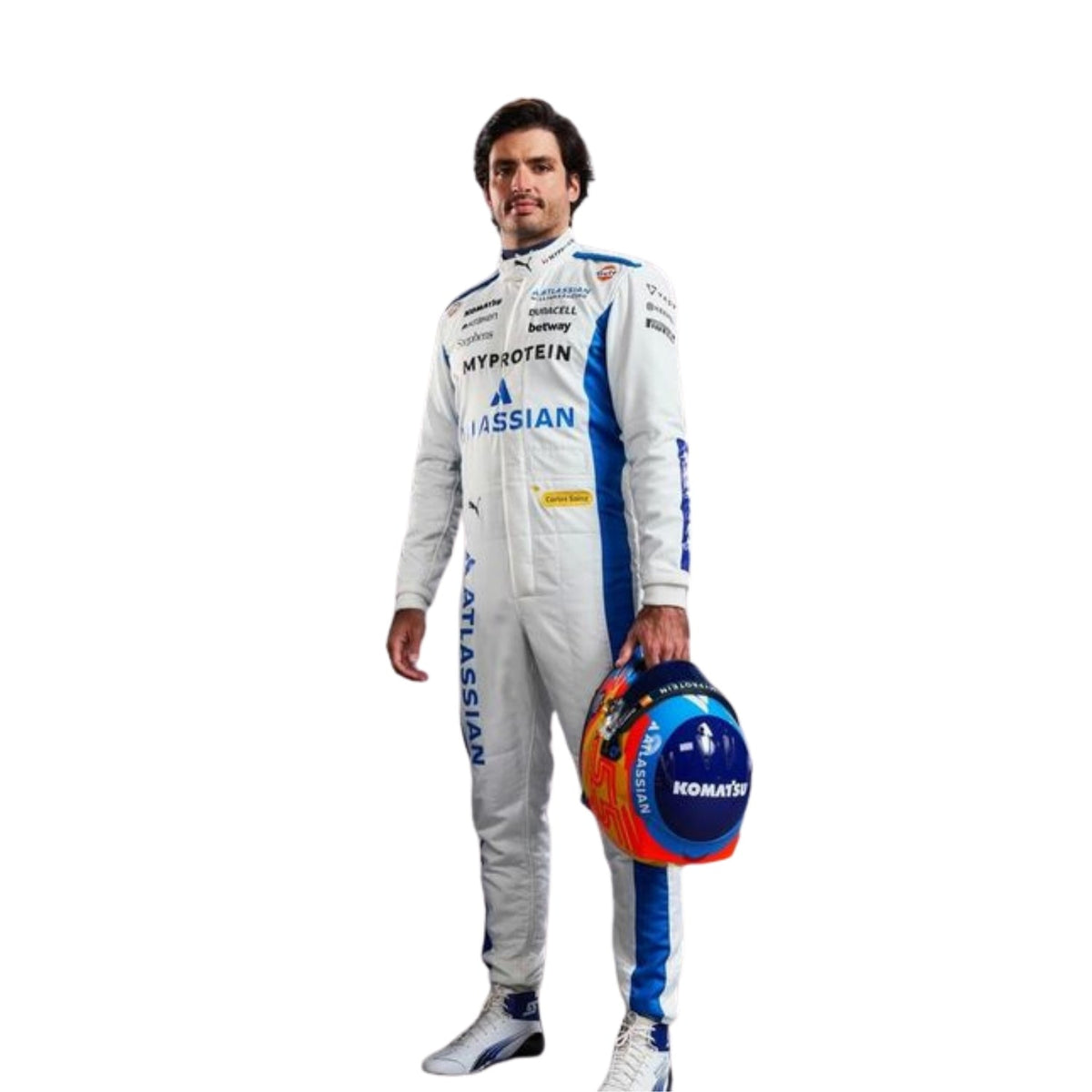 Carlos Sainz wearing his 2025 Formula 1 racing suit, standing with a confident racing posture and focus holding helmet - Speedxgear