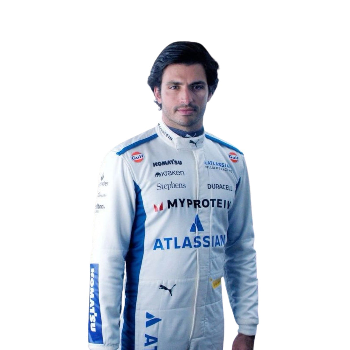 Close-up of chest detailing on the 2025 Carlos Sainz F1 suit, featuring premium zippers and design Speedxgear
