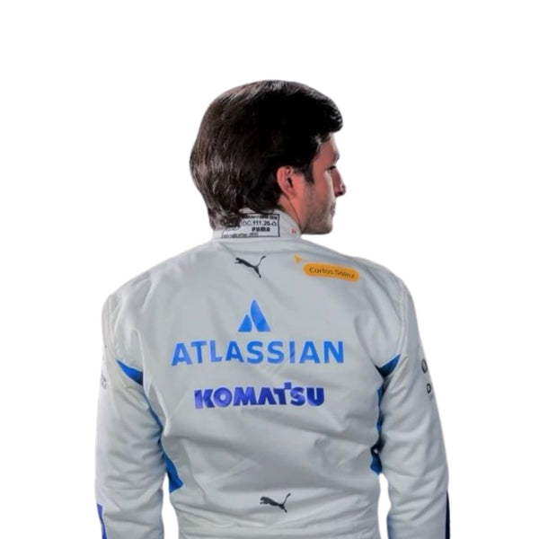 Rear view of the Carlos Sainz 2025 F1 racing suit with aerodynamic paneling and customized print
speedxgear
