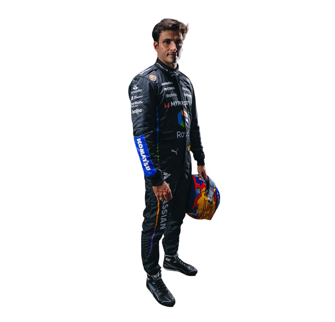left view of Carlos Sainz Jr's suits for the 2025 Las egas GP, highlighting its unique design -elements - Speedxgear Main image