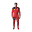 Carlos Sainz Jr.'s 2023 F1 racing suit front view featuring a vibrant red base with black accents on the shoulders and sides, complemented by sponsor logos, showcasing a sleek and modern design.